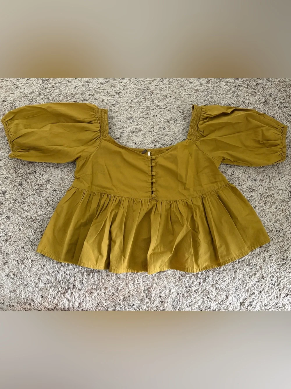 Free People XS Mustard Puff Sleeve Babydoll Peplum Top, Cottagecore Boho